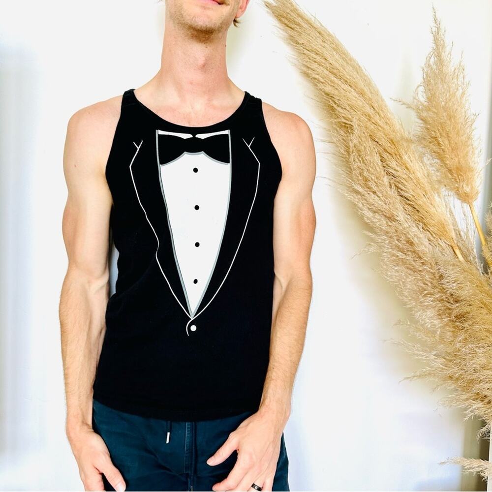 UNISEX Black White Tuxedo Screen Print Crew Neck Sleeveless Tank Top Shirt S M